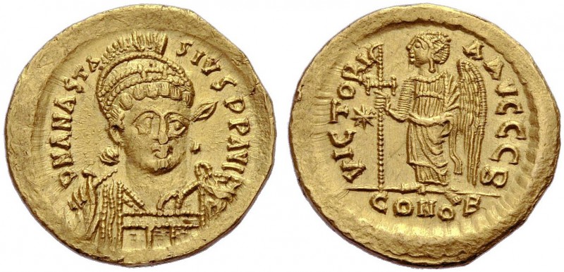 Anastasius I., 491-518. Solidus, 491-498. Gep. Büste von vorne mit Helm, Schild ...