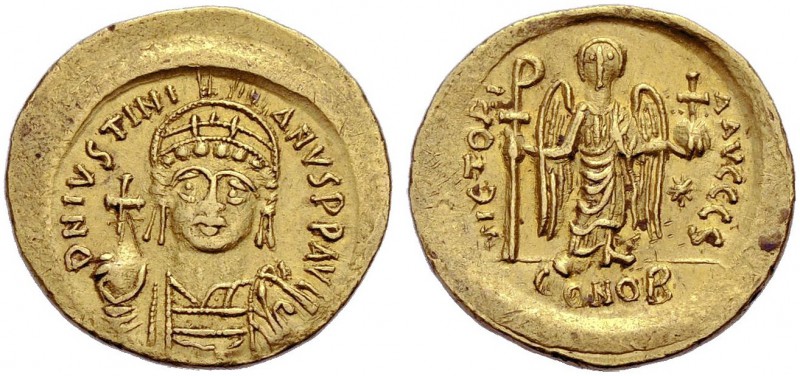 Iustinianus I., 527-565. Solidus, 542-552. Büste von vorne mit Helm und Kreuzglo...