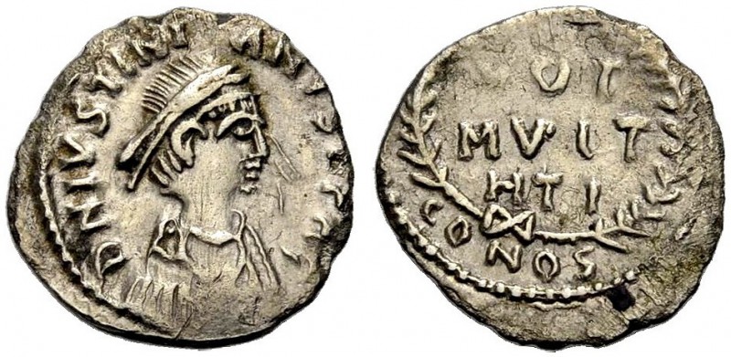 Iustinianus I., 527-565. AR Halbsiliqua, 533-537 Karthago. Büste n. r. mit Diade...