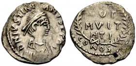 Iustinianus I., 527-565. AR Halbsiliqua, 533-537 Karthago. Büste n. r. mit Diadem. Rv. Rv. VOT/MVLT/HTI im Kranz, darunter CONOS. 1,01 g. Sear 253, D....
