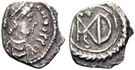 Iustinianus I., 527-565. AR-Halbsiliqua, 537-552 Karthago. Büste n. r. mit Diadem. Rv. Monogramm, darüber +, darunter S, im Fadenkreis und Kranz. 0,74...