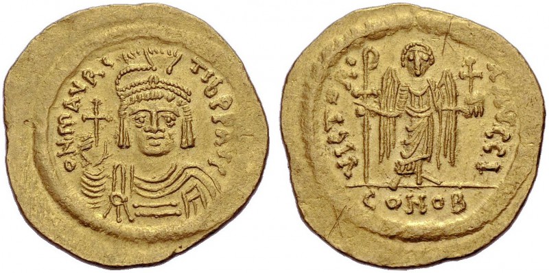 Mauricius Tiberius, 582-602. Solidus, 583-601, Konstantinopel. Drap. und gep. Bü...