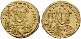 Constantinus V., 741-775. Mit seinem Vater Leo III. Solidus, 741-751. d - Le-ON PAMyL Büste von vorne in Chlamys, mit Akakia, Krone und Balkenkreuz. R...