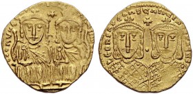 Leo IV., 775-780. Solidus, 778-780 mit Constantinus V., Konstantinopel. Leo IV. mit kurzem Bart l. und der bartlose Constantinus VI. r. frontal auf Th...