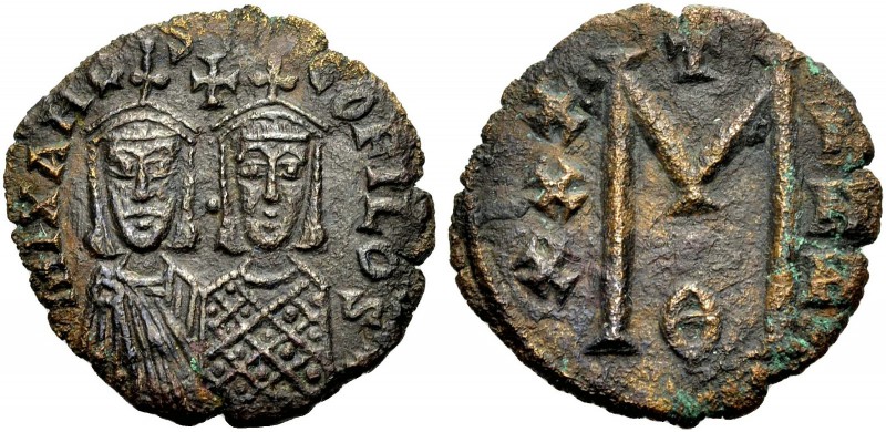Michael II., 820-829. Mit Theophilos. Follis. mIXAHL - SΘ - ЄΟFILOS Die Büsten v...