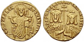 Basilios I., 867-886. Mit Konstantinos. Solidus, 868-879. Christus mit Nimbus und Evangelienbuch frontal thronend. Rv. bASILIOS xT COnSxAnx AxGG b' Ba...