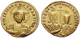 Konstantinos VII., 913-959. Mit Romanos II. Solidus, 945-959. Christusbüste mit Nimbus und Evangelienbuch von vorne. Rv.COnSxAnx Cx roXaN AxGGbR Const...