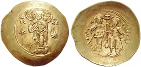 Manuel I. Komnenos, 1143-1180. EL- Aspron Trachy, 1160-1164 Konstantinopel. Christus mit Nimbus frontal zwischen IC - XC, l. und r. in Felde Sterne. R...
