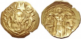 Andronikos II. mit Michael IX., 1295-1320. Hyperpyron, Gold, Konstantinopel. 'Panagia Blachernitissa', Halbfigur der Maria orans frontal umgeben von d...