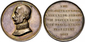 FRANKFURT, FREIE STADT. Medaille 1849 (von C. Zollmann) auf die Abreise des Reichsverwesers Ehz. Johann. Seine Büste l. Rv. 7 Zeilen Schrift. 40 mm; 3...