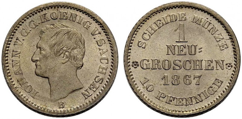 SACHSEN, KÖNIGREICH. JOHANN, 1854-1873. Neugroschen = 0 Pfennig 1867. Kopf l. Rv...