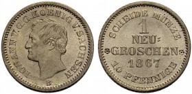 SACHSEN, KÖNIGREICH. JOHANN, 1854-1873. Neugroschen = 0 Pfennig 1867. Kopf l. Rv. Wert. J. 129, AKS 148. Fast Stempelglanz