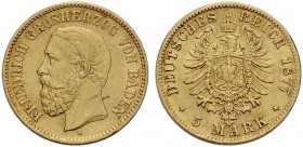 BADEN, GROSSHERZOGTUM. FRIEDRICH I., 1852-1907. 5 Mark 1877 G, Gold. J. 185. Sehr schön