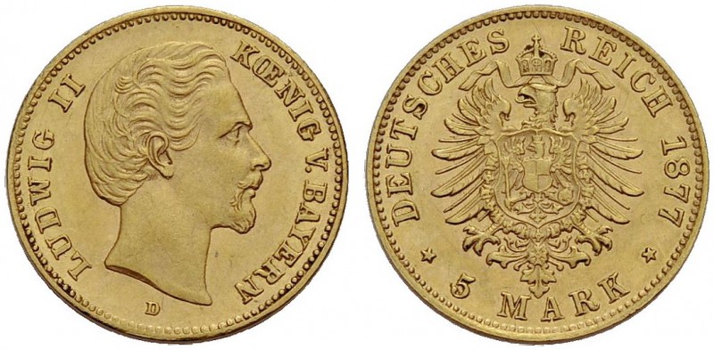 BAYERN, KÖNIGREICH. LUDWIG II., 1864-1886. 5 Mark 1877 D, Gold. J. 195. Vorzügli...