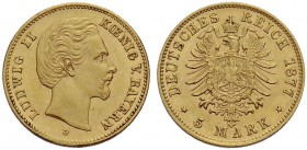 BAYERN, KÖNIGREICH. LUDWIG II., 1864-1886. 5 Mark 1877 D, Gold. J. 195. Vorzüglich