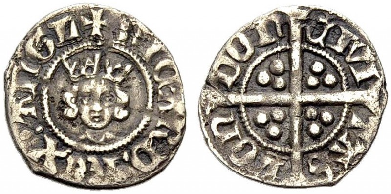 GROSSBRITANNIEN. RICHARD II, 1377-1399. Halfpenny, London. Gekrönte Büste von vo...