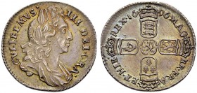 GROSSBRITANNIEN. WILLIAM III, 1694-1702. Sixpence 1696. Belorbeerte Büste r. (first bust). Rv. Vier gekrönte Wappen in Kreuzform (early harp). S. 3520...