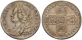 GROSSBRITANNIEN. GEORGE II, 1727-1760. Shilling 1758. Belorbeertes Brustbild l. Rv. Vier gekrönte Wappen in Kreuzstellung. S. 3704. Gutes Sehr schön