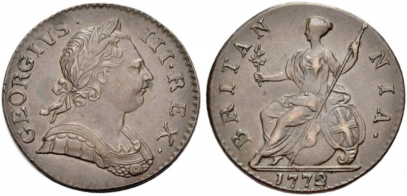 GROSSBRITANNIEN. GEORGE III, 1760-1820. Halfpenny 1772, Cu. Belorbeerte Büste r....