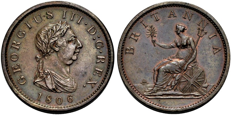 GROSSBRITANNIEN. GEORGE III, 1760-1820. Penny 1806, Cu, Soho Mint. Belorbeerte B...