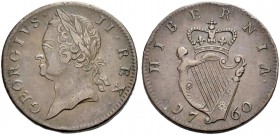 IRLAND. GEORGE II, 1727-1760. Halfpenny 1760, Cu, Old Head Coinage. Belorbeerte Büste l. Rv. Gekrönte Harfe. S. 6610. Sehr schön