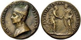 ITALIEN. VENEZIA (VENETO). ANTONIO GRIMANI, 1521-1523. Bronzemedaille (1521, von A. Spinelli). Brustbild des Dogen l. Rv. Justitia und Pax reichen sic...