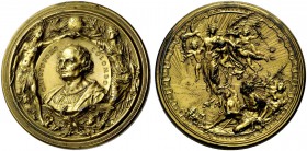VEREINIGTE STAATEN VON AMERIKA. Vergoldete Zinnmedaille 1892 (von Cappuccio bei Johnson, Mailand, nach Entwurf von Popliaghi). Medaillonbrustbild Chri...