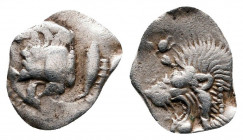 Hemiobol AR
Mysia, Kyzikos, Forepart of boar to left / Head of lion to left within incuse square, c. 450-400 BC
11 mm, 0,37 g