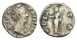Denarius AR
Diva Faustina I (Died 140/1), Rome, Struck under Antoninus Pius, DIVA FAVSTINA, Draped bust right / VESTA