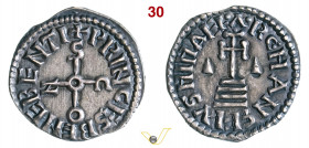 (§) BENEVENTO - SICONE, Principe (817-832) Denaro MIR 215 var. Ag g 1,18 mm 18 SPL