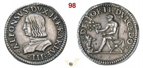 FERRARA - ALFONSO I D'ESTE (1505-1534) Quarto. s.d. D/ Busto corazzato R/ Sansone, elmato, seduto con testa di leone dalla quale fuoriescono api. MIR ...