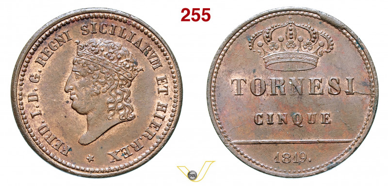 NAPOLI - FERDINANDO I DI BORBONE (1816-1825) 5 Tornesi 1819 MIR 469 P.R. 19 Cu g...