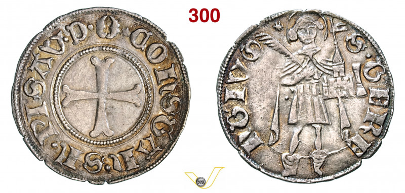 PESARO - COSTANZO SFORZA (1473-1483) Terzo di Grosso coi calzari. D/ Croce R/ Sa...