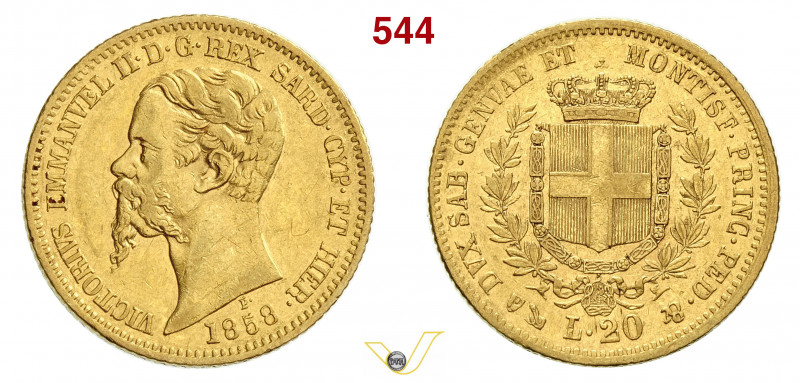 VITTORIO EMANUELE II, Re di Sardegna (1849-1861) 20 Lire 1858 Genova Au mm 21 BB