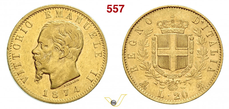 VITTORIO EMANUELE II, Re d'Italia (1861-1878) 20 Lire 1874 Roma Au mm 21 • Colpe...