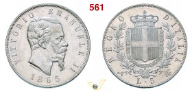 VITTORIO EMANUELE II (1861-1878) 5 Lire 1865 Napoli Pagani 486 Ag g 25,00 mm 37 SPL/FDC