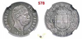 UMBERTO I (1878-1900) 50 Centesimi 1892 Roma MIR 1103b Pagani 609 Ag g 2,5 circa mm 18 (NGC MS63) q.FDC