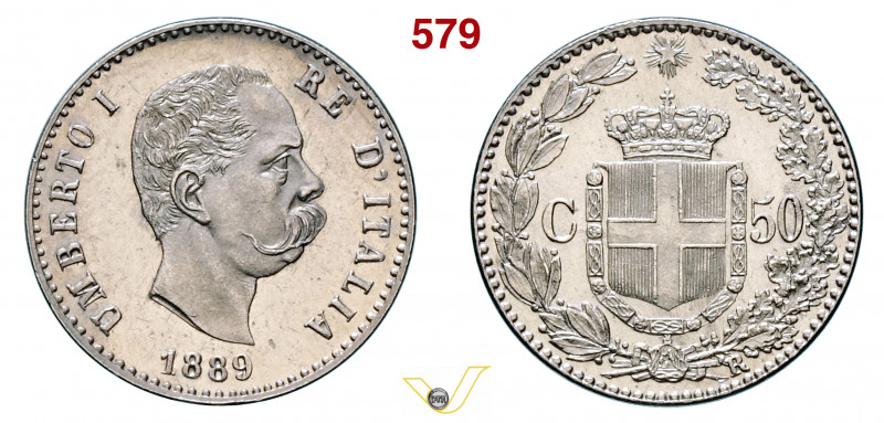 UMBERTO I  (1878-1900)  50 Centesimi 1889 Roma   MIR 1104a   Pagani 608   Ag   g...