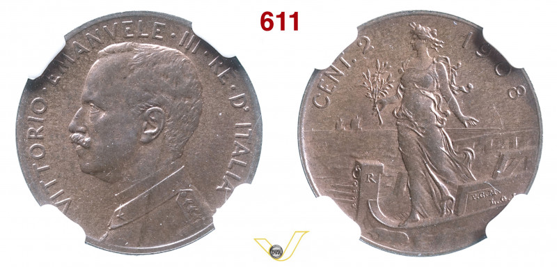 VITTORIO EMANUELE III (1900-1946) 2 Centesimi 1908 "Italia su prora". Roma MIR 1...