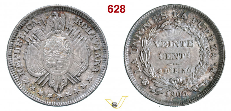 BOLIVIA - REPUBBLICA 20 Centavos 1907 sigle MM. Potosi Kr. 159.2 Ag g 4,50 mm 23...