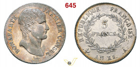 Francia - NAPOLEONE, Primo Console (1799-1804) 5 Franchi An XI Paris Gad. 577 Kr. 650.1 Ag g 25,02 mm 38 • Hairlines BB+