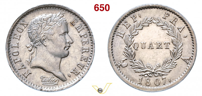 FRANCIA - NAPOLEONE I (1804-1814) Quarto di Franco 1807 Parigi Gad. 349 Ag g 1,2...