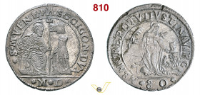 VENEZIA - PASQUALE CICOGNA (1585-1595) 80 Soldi o Mezza Giustina maggiore, sigle M D Paolucci 5 Ag g 17,89 mm 37 RR • Ex Varesi 59, n. 1020 BB+