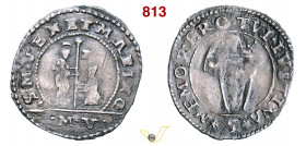 VENEZIA - MARINO GRIMANI (1595-1605) 5 Soldi o trentaduesimo di Giustina maggiore, sigle M V Paolucci 9 Ag g 0,88 mm 18 RR • Ex Varesi 59, n. 1029 BB...