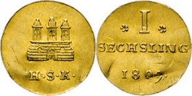 HAMBURG - LÜBECK - SCHLESWIG-HOLSTEIN
Hamburgische Prägungen in Gold
Dritteldukat 1809. Goldabschlag von den Sechsling-Stempeln des Mzm. Hans Schier...