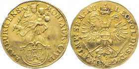 HAMBURG - LÜBECK - SCHLESWIG-HOLSTEIN
Hamburgische Prägungen in Gold
Dukat 1694. Mzz. I-R für den Mzm. Joachim Rustmeyer. Titel Leopold. Gekrönte Ma...