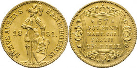 HAMBURG - LÜBECK - SCHLESWIG-HOLSTEIN
Hamburgische Prägungen in Gold
Dukat 1851, Altona. Nach links stehender Ritter mit Schwert hält zu seinen Füße...