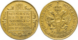 HAMBURG - LÜBECK - SCHLESWIG-HOLSTEIN
Hamburgische Prägungen in Gold
2 Dukaten 1778, o. Mzz., Mzm. Otto Heinrich Knorre. Titel Joseph II. Die Stadtb...