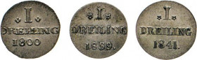 HAMBURG - LÜBECK - SCHLESWIG-HOLSTEIN
Hamburgische Münzen in Silber
Dreiling 1800 OHK, 1839 u. 1841 HSK. Gaed. 1216, 1219e, f. Jaeger 29a, 43, 46a. ...