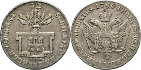 HAMBURG - LÜBECK - SCHLESWIG-HOLSTEIN
Hamburgische Münzen in Silber
32 Schilling 1796 OHK, Titel Franz II. Burg in behelmtem Rahmen. Rs. Gekrönter D...